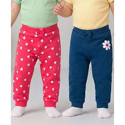 Babyhug Cotton Knit Full Length Heart & Floral Printed Lounge Pants With Bow Applique Pack of 2 - Multicolor