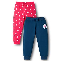 Babyhug Cotton Knit Full Length Heart & Floral Printed Lounge Pants With Bow Applique Pack of 2 - Multicolor