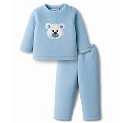 Babyhug Velour Cotton Knit Full Sleeves Winter Night Suit with Bear Design - Light Blue
