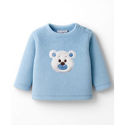 Babyhug Velour Cotton Knit Full Sleeves Winter Night Suit with Bear Design - Light Blue