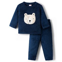 Babyhug Velour Knit Full Sleeves Winter Wear Night Suit With Bear Embriodery - Navy Blue