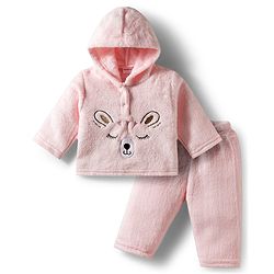 Babyhug Cotton Knit Full Sleeves Hooded Winter Wear Night Suit With Animal Face Embroidery - Pink