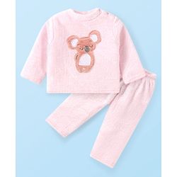 Babyhug Cotton Knit Full Sleeves Hooded Winter Wear Night Suit With Animal Face Embroidery - Pink