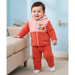 Babyhug Knit Full Sleeves Hooded Winter Night Suit With Animal Embroidery - Orange