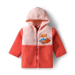 Babyhug Knit Full Sleeves Hooded Winter Night Suit With Animal Embroidery - Orange