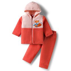 Babyhug Knit Full Sleeves Hooded Winter Night Suit With Animal Embroidery - Orange
