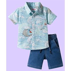 Babyhug Cotton Woven Half Sleeves Shirt & Denim Shorts Set With Dolphin Print - Multicolor