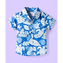 Babyhug Cotton Woven Half Sleeves Shirt & Denim Shorts Set With Sea Animals Print - Multicolor
