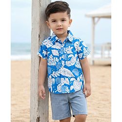 Babyhug Cotton Woven Half Sleeves Shirt & Denim Shorts Set With Sea Animals Print - Multicolor