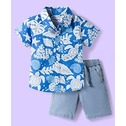 Babyhug Cotton Woven Half Sleeves Shirt & Denim Shorts Set With Sea Animals Print - Multicolor