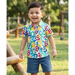 Babyhug Cotton Woven Half Sleeves Shirt & Denim Shorts Set With Numbers Print - Multicolor