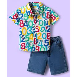 Babyhug Cotton Woven Half Sleeves Shirt & Denim Shorts Set With Numbers Print - Multicolor