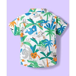 Babyhug Cotton Woven Half Sleeves Shirt & Denim Shorts Set With Animals Print - Multicolor