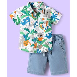Babyhug Cotton Woven Half Sleeves Shirt & Denim Shorts Set With Animals Print - Multicolor