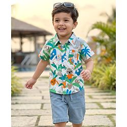 Babyhug Cotton Woven Half Sleeves Shirt & Denim Shorts Set With Animals Print - Multicolor