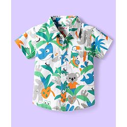 Babyhug Cotton Woven Half Sleeves Shirt & Denim Shorts Set With Animals Print - Multicolor