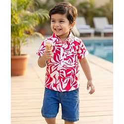 Babyhug Cotton Woven Half Sleeves Shirt & Denim Shorts Set With Leaf Print - Multicolor
