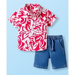 Babyhug Cotton Woven Half Sleeves Shirt & Denim Shorts Set With Leaf Print - Multicolor