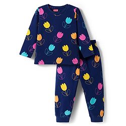 Babyhug Cotton Knit Full Sleeves Co-ord Night Suit With Floral Print - Navy Blue