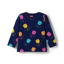 Babyhug Cotton Knit Full Sleeves Co-ord Night Suit With Floral Print - Navy Blue