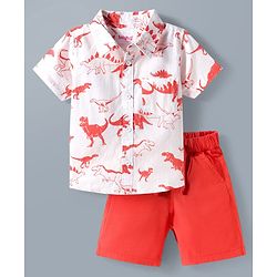 Babyhug Cotton Woven Half Sleeves Shirt & Denim Shorts Set With Dino Print - Multicolor