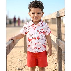 Babyhug Cotton Woven Half Sleeves Shirt & Denim Shorts Set With Dino Print - Multicolor