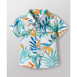 Babyhug Cotton Woven Half Sleeves Shirt & Denim Shorts Set With Leaf Print - Multicolor