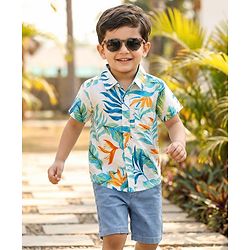 Babyhug Cotton Woven Half Sleeves Shirt & Denim Shorts Set With Leaf Print - Multicolor