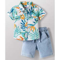 Babyhug Cotton Woven Half Sleeves Shirt & Denim Shorts Set With Leaf Print - Multicolor