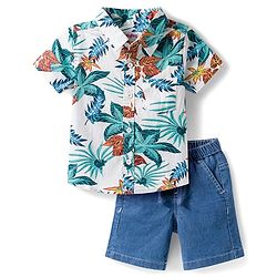 ToffyHouse Cotton Woven Half Sleeves Shirt & Denim Shorts Set with Tropical Theme Print - Blue