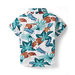 ToffyHouse Cotton Woven Half Sleeves Shirt & Denim Shorts Set with Tropical Theme Print - Blue
