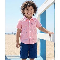 Babyhug Cotton Woven Half Sleeves Striped Shirt & Denim Shorts Set With Watermelon Print - Orange & Blue
