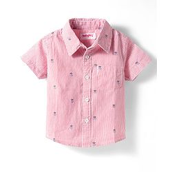 Babyhug Cotton Woven Half Sleeves Striped Shirt & Denim Shorts Set With Watermelon Print - Orange & Blue