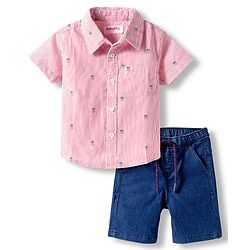 Babyhug Cotton Woven Half Sleeves Striped Shirt & Denim Shorts Set With Watermelon Print - Orange & Blue