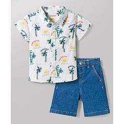 Babyhug Cotton Woven Half Sleeves Shirt & Denim Shorts Set with Beach Theme Print - Blue