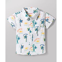 Babyhug Cotton Woven Half Sleeves Shirt & Denim Shorts Set with Beach Theme Print - Blue