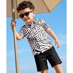 Babyhug Cotton Woven Half Sleeves Printed Shirt & Denim Shorts Set - Multicolor