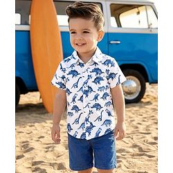 Babyhug Cotton Woven Half Sleeves Shirt & Denim Shorts Set With Dino Print - Multicolor
