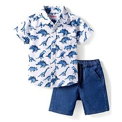 Babyhug Cotton Woven Half Sleeves Shirt & Denim Shorts Set With Dino Print - Multicolor