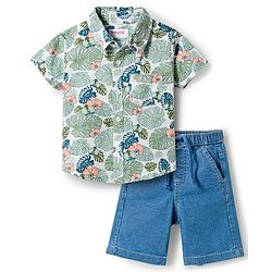Babyhug Cotton Woven Half Sleeves Shirt & Denim Shorts Set with Tropical Theme Print - Blue
