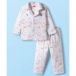 Babyhug 100% Cotton Knit Full Sleeves Co-ords Night Suit With Dino Print - White
