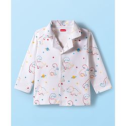 Babyhug 100% Cotton Knit Full Sleeves Co-ords Night Suit With Dino Print - White