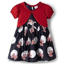 Babyhug Cotton Woven Frock & Half Sleeves Shrug With Bow Print - Multicolor