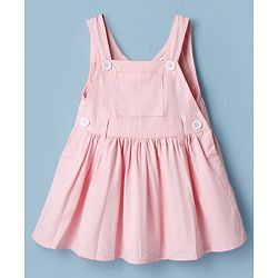 Babyhug 100% Cotton Woven Half Sleeves Knee Length Striped Frock With Inner Tee - Light Pink