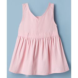 Babyhug 100% Cotton Woven Half Sleeves Knee Length Striped Frock With Inner Tee - Light Pink