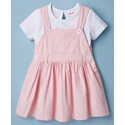 Babyhug 100% Cotton Woven Half Sleeves Knee Length Striped Frock With Inner Tee - Light Pink