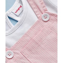 Babyhug 100% Cotton Woven Half Sleeves Knee Length Striped Frock With Inner Tee - Light Pink