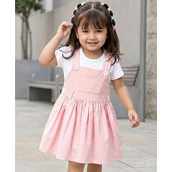 Babyhug 100% Cotton Woven Half Sleeves Knee Length Striped Frock With Inner Tee - Light Pink