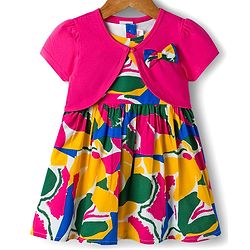 Babyhug 100% Cotton Woven Half Sleeves Abstract Printed Frock With Shrug - Multicolour