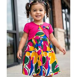 Babyhug 100% Cotton Woven Half Sleeves Abstract Printed Frock With Shrug - Multicolour
